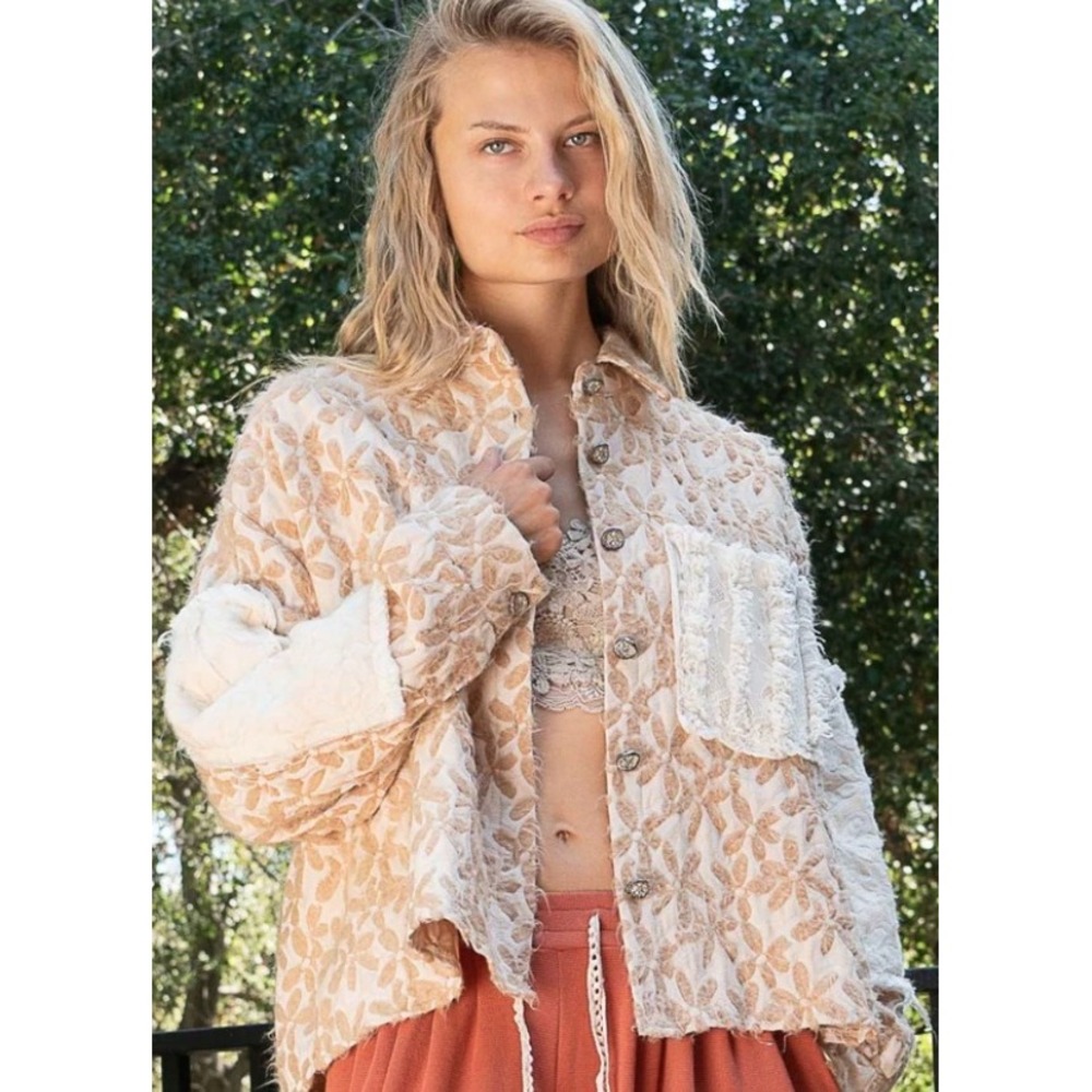Bad Little Country Girl Floral Pattern Jacquard Shacket‎ Lace Detail Large
